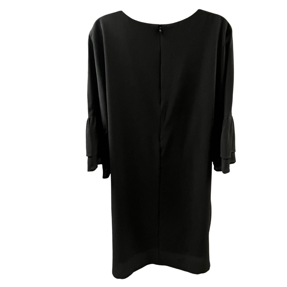 Belongsci Shift Dress Womens LG Black Crepe V-Neck Ruffle Bell Sleeve Solid New - Picture 4 of 10